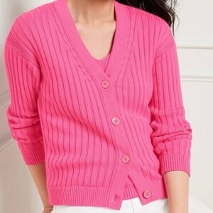 NWT Talbots 100% Cotton Pink Ribbed V-Neck Cardigan Size Small
